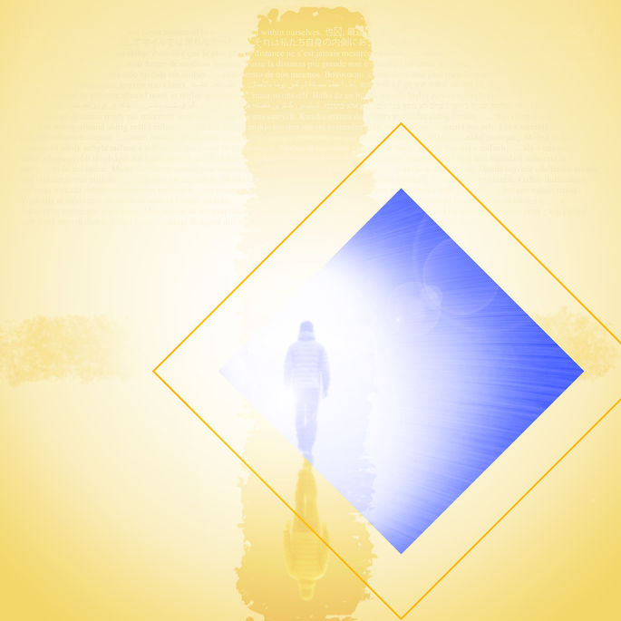 A solitary figure walks into an intense white light within a surreal yellow-and-blue world, leaving open whether the final horizon holds fulfilment or emptiness.