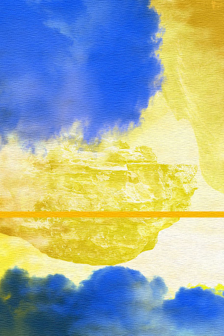 Close-up detail of the artwork, highlighting its layered textures, colours and geometric elements.