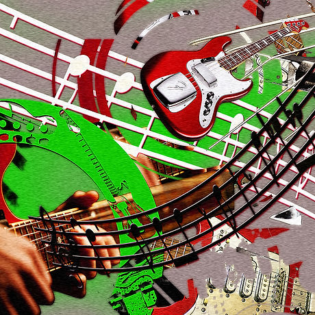Part five of the five-piece jazz series, this work vibrates with tension and release. Red chords blaze against a green backdrop, sharp yet resonant, raw yet harmonious. Fragments ripple outward like echoes, layered riffs repeating and reforming. A fractured texture runs through the surface, filled with hidden jazz relics, as if the music itself were embedded in the work. Printed on Dibond, the colors ignite into bold force. A tribute to jazz — strings breaking free, harmony ablaze.