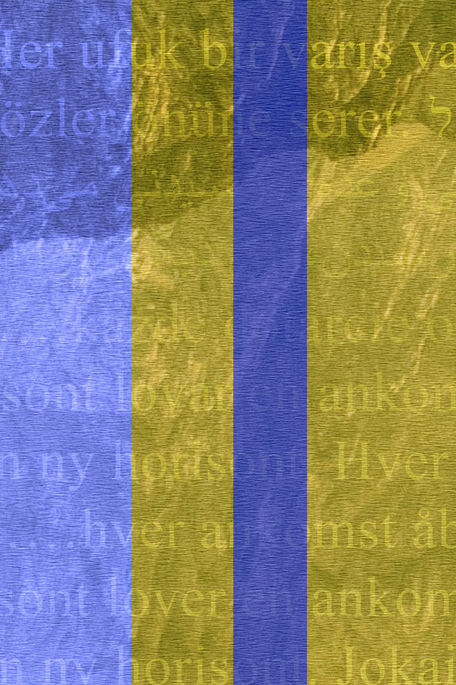 Close-up detail of the artwork, highlighting its layered textures, colours and geometric elements.