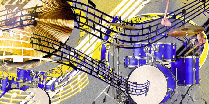 Abstract composition of a blue drum kit and golden cymbals, surrounded by flowing musical notation in vivid yellow, blue and metallic tones.