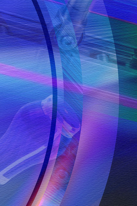 Close-up detail of the artwork, highlighting its layered textures, colours and geometric elements.