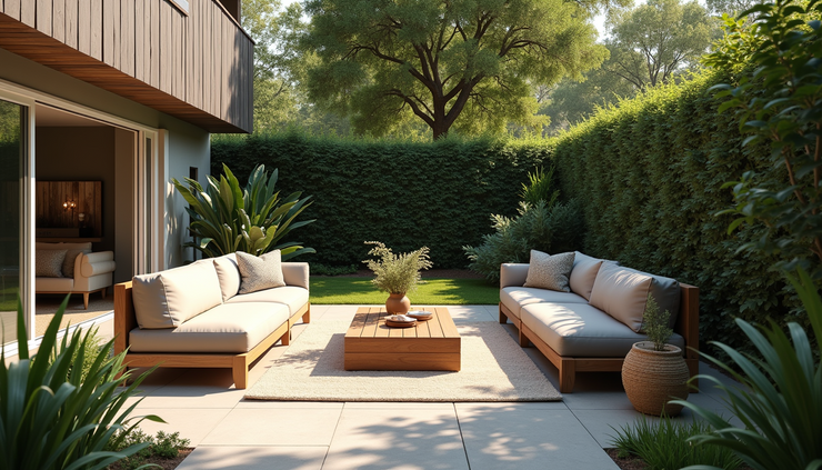 Eye-level view of a staged backyard patio with comfortable seating and greenery