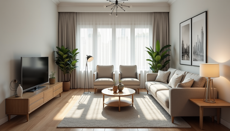 High angle view of a well-staged living room ready for home sale