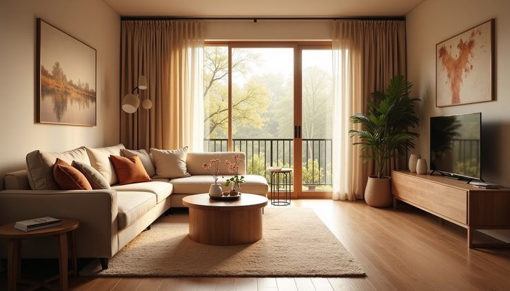Eye-level view of a softly lit living room with warm tones and cozy seating