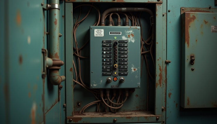 High angle view of old electrical panel with exposed wiring