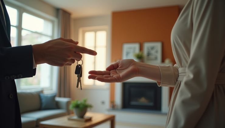 Close-up view of a real estate agent handing over house keys to a buyer inside a cozy living room