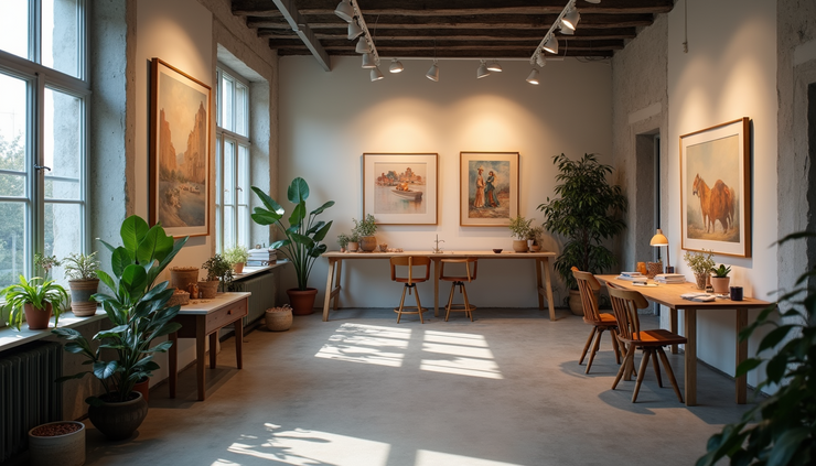 High angle view of a quiet studio with finished artworks displayed