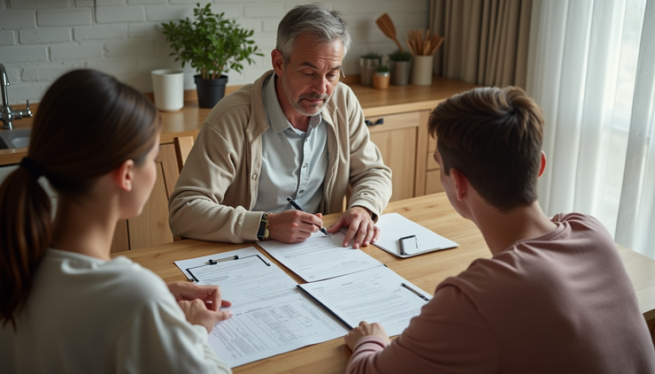 High angle view of a family reviewing home purchase documents at a kitchen table