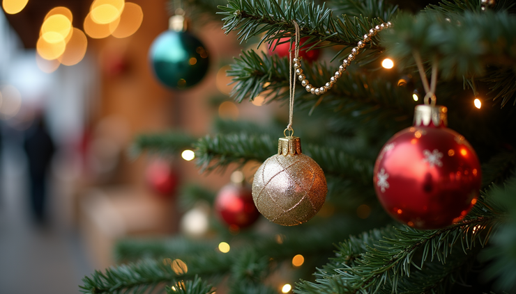 Close-up view of a decorated Christmas tree with handmade ornaments at a Massachusetts holiday market
