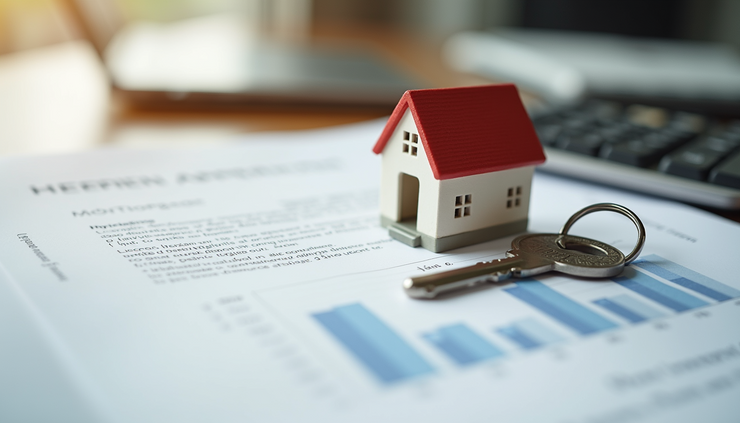 Close-up view of a house key on top of mortgage approval documents