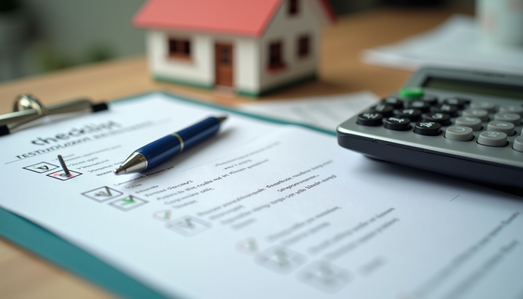 High angle view of a checklist and calculator on a table with a small house model