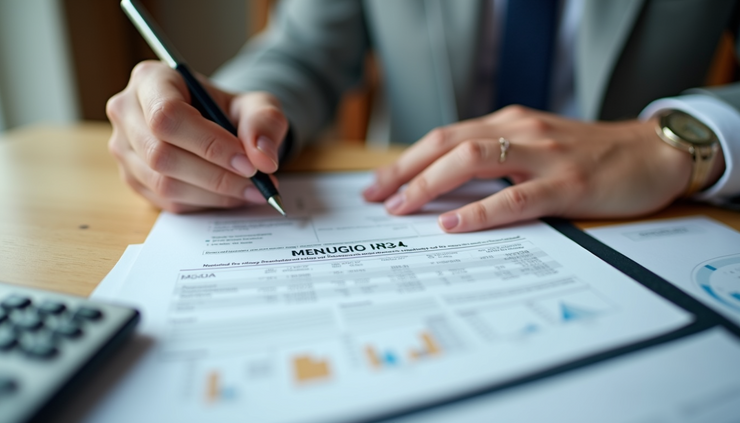 High angle view of a person reviewing mortgage documents with a pen