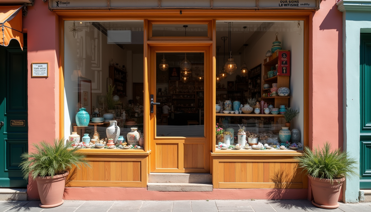 Close-up view of a colorful storefront with handmade crafts displayed in the window