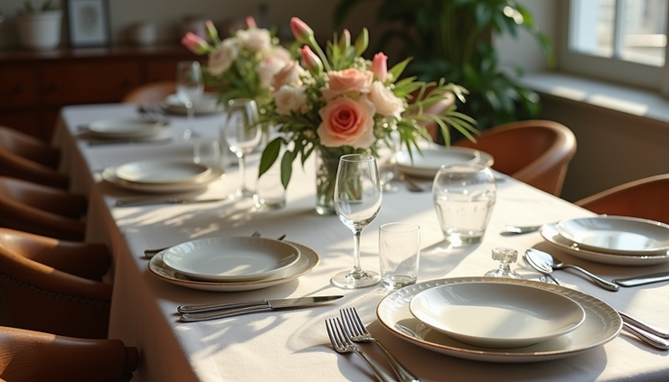 High angle view of a dining table set with simple plates, glasses, and a small floral centerpiece
