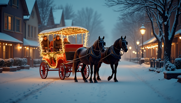 High angle view of a horse-drawn carriage decorated with holiday lights in a snowy Massachusetts village