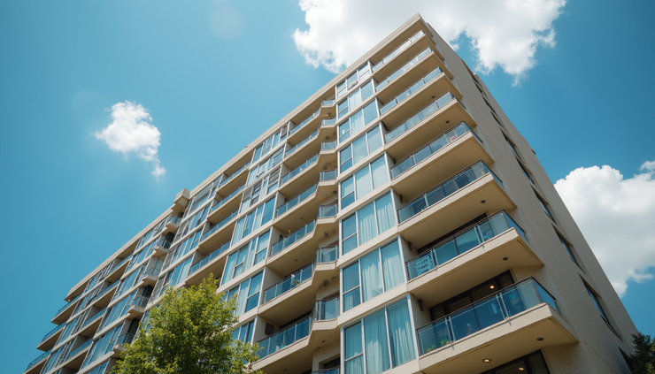 Eye-level view of a modern Quincy condominium building exterior