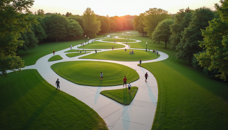 High angle view of Malden public park with walking paths and green spaces
