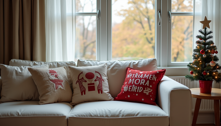 High angle view of a cozy living room corner with holiday throw pillows and a small decorated Christmas tree