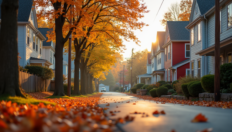 Close-up view of a Massachusetts street with colorful homes and autumn leaves