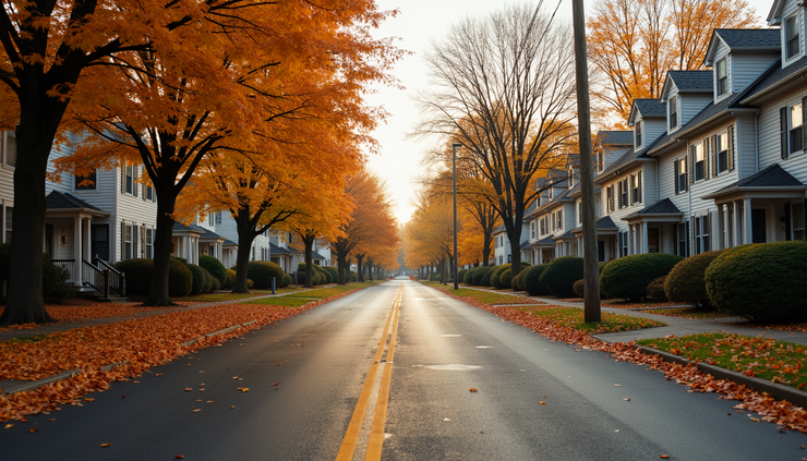 High angle view of a Massachusetts neighborhood street with various homes and autumn foliage