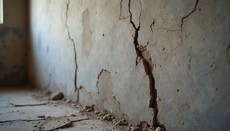 Close-up view of cracked foundation wall in a house basement