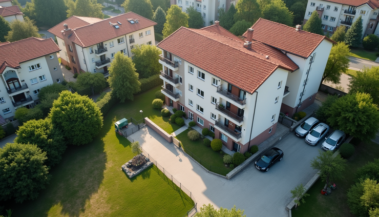 High angle view of a small multifamily property with a garden and parking spaces