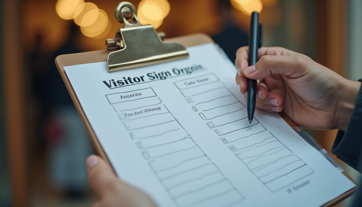 Close-up view of a clipboard with open house visitor sign-in sheet and pen
