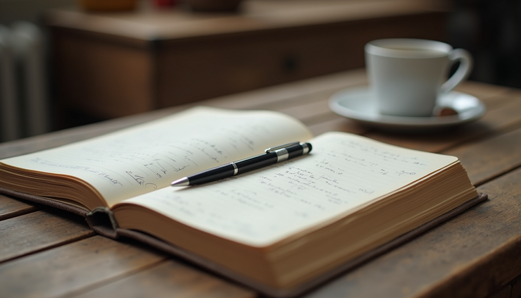 Close-up view of a journal open on a wooden table with a pen resting on the page