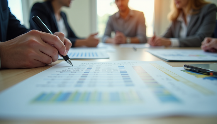 Close-up view of a condo association meeting with financial documents on the table