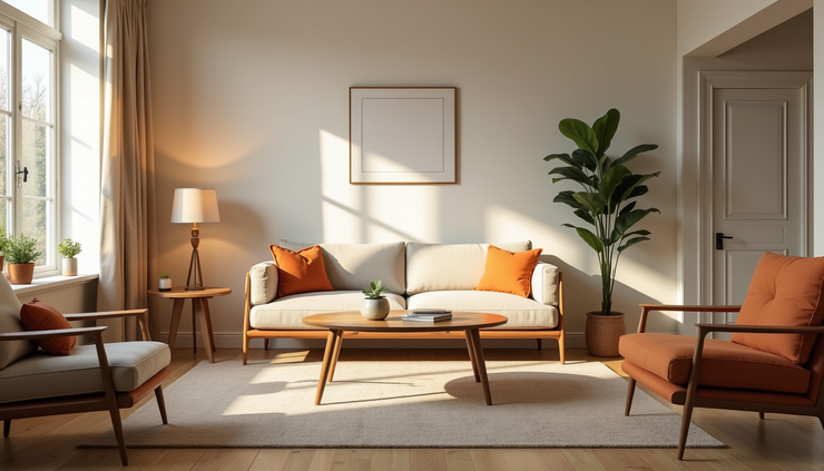 Eye-level view of a cozy living room with minimal furniture and natural light