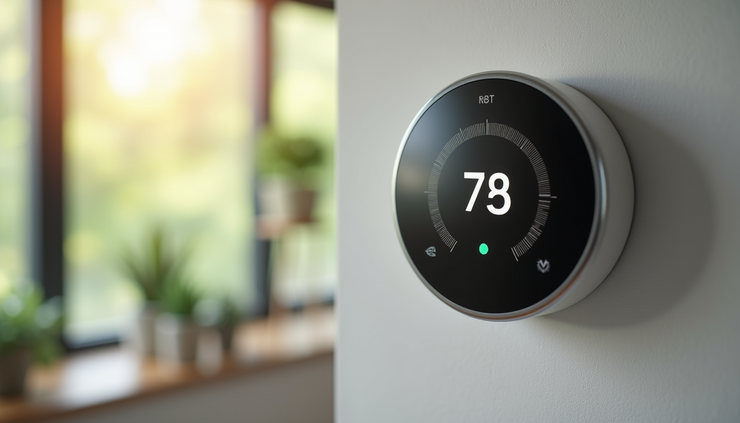 Close-up view of a smart thermostat on a wall inside a net-zero home