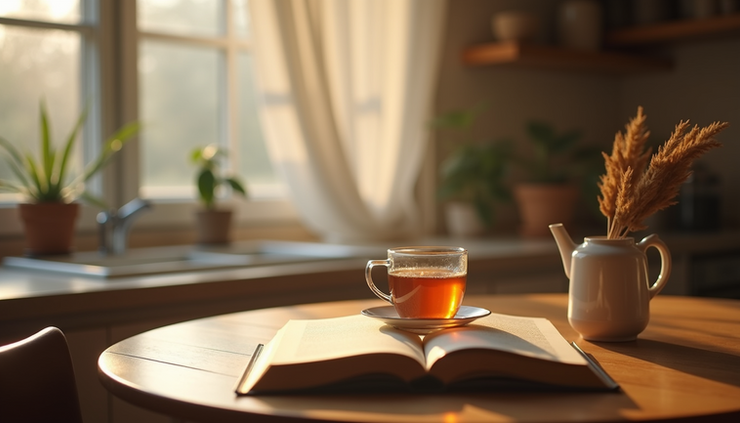 Eye-level view of a cozy kitchen table with a steaming cup of tea and an open book