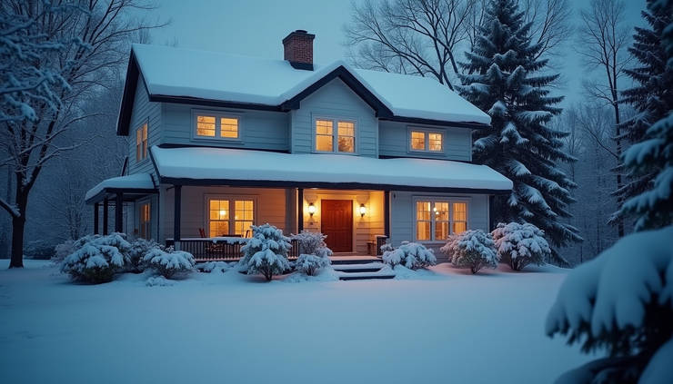 Eye-level view of a snow-covered suburban house with warm lights glowing inside