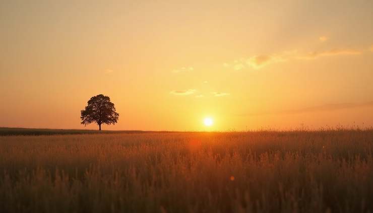 Eye-level view of a single tree standing in a quiet field during golden hour