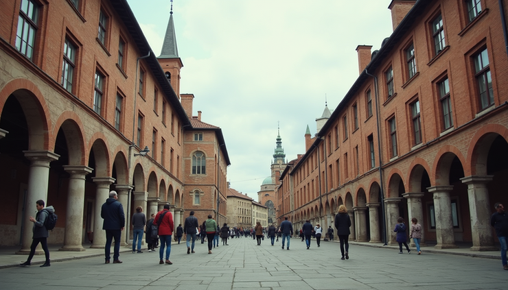 Eye-level view of Harvard Square with historic buildings and pedestrians