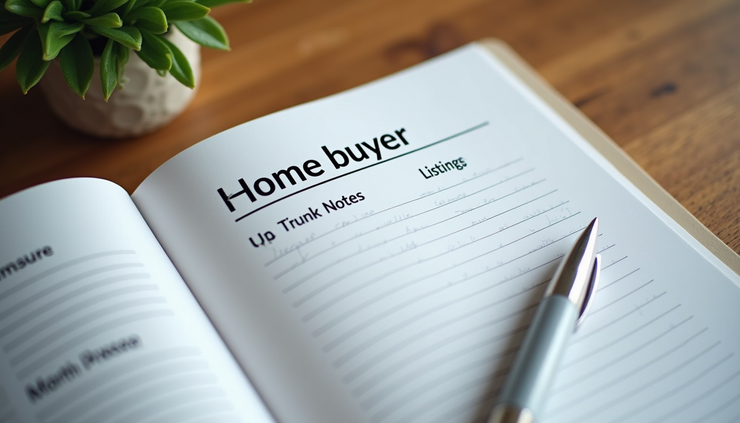High angle view of an organized folder with home listings, notes, and a pen ready for review