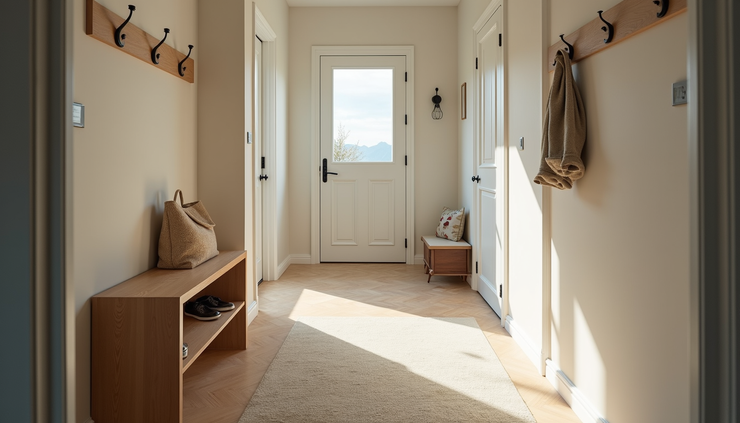 High angle view of a neatly organized entryway with hooks and shoe rack