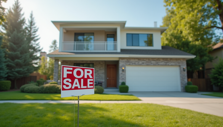 Eye-level view of a modern suburban house with a "For Sale" sign in front
