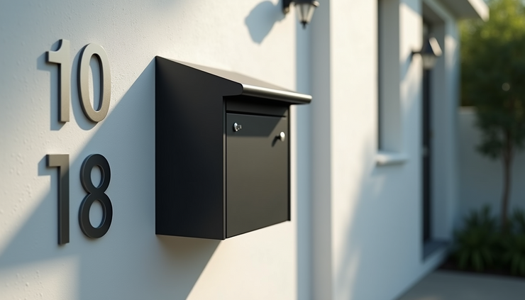 Close-up view of a modern mailbox and house numbers on a clean exterior wall