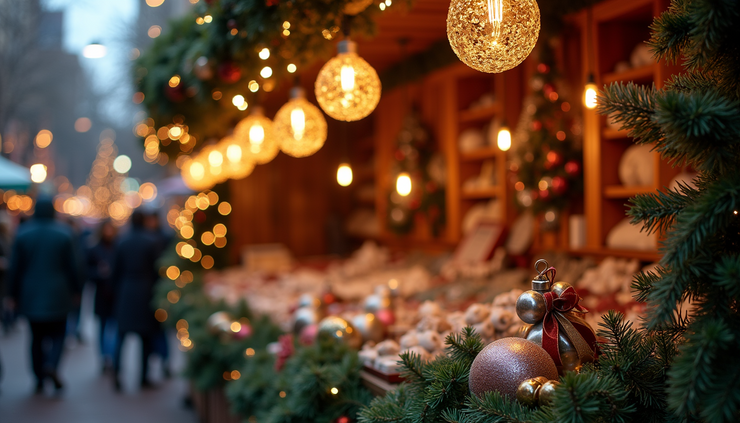 Eye-level view of a brightly lit holiday market stall in Boston