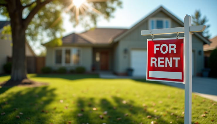 High angle view of a suburban rental home with a "For Rent" sign