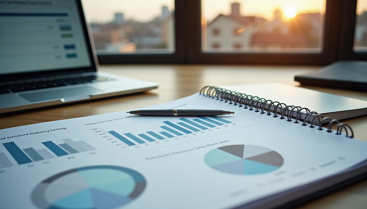 High angle view of a laptop and notebook with real estate investment charts