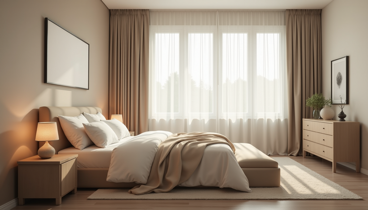 High angle view of a softly lit bedroom with a neatly made bed and calming neutral colors