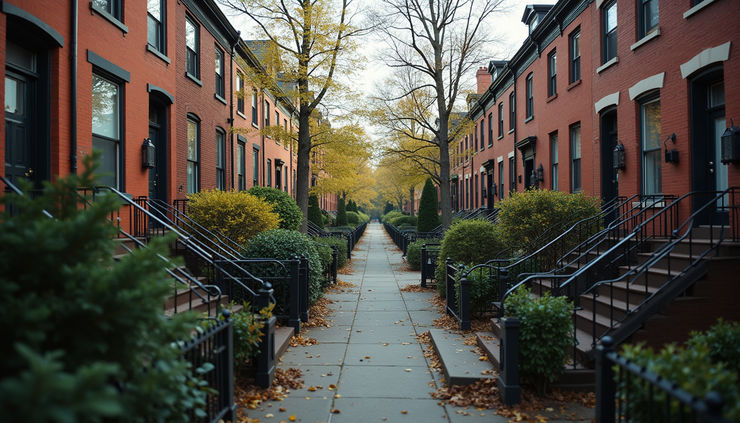 High angle view of a Boston neighborhood with row houses and tree-lined streets
