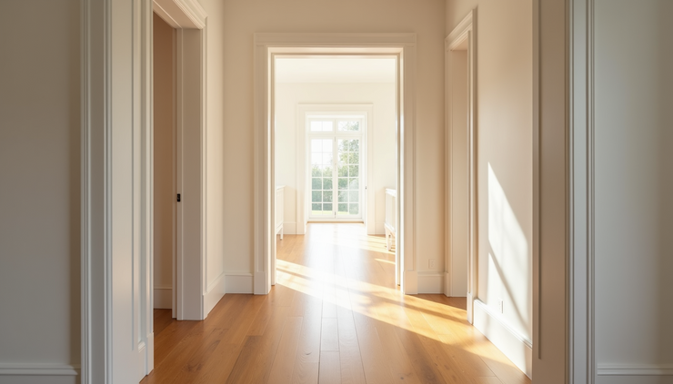 Eye-level view of a softly lit hallway with wooden floors and white walls