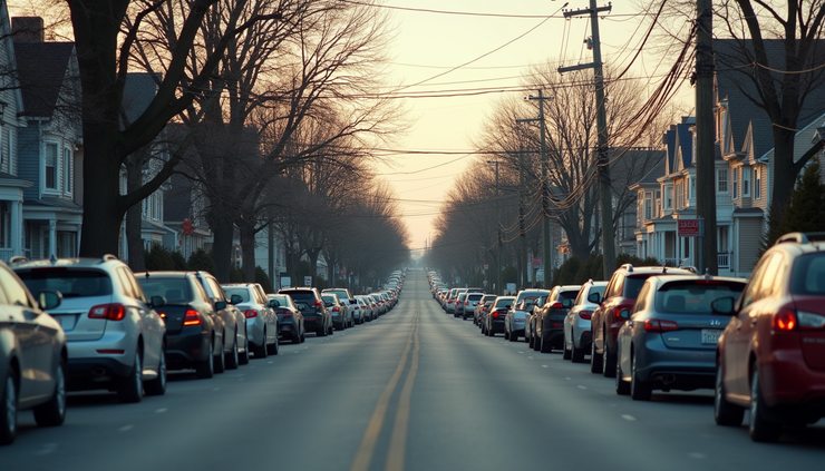Eye-level view of a congested Boston suburb street with parked cars and narrow sidewalks