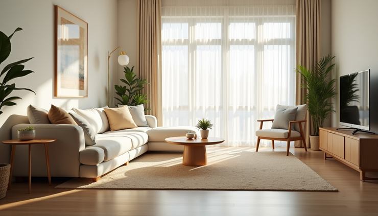 Eye-level view of a bright and welcoming living room with natural light
