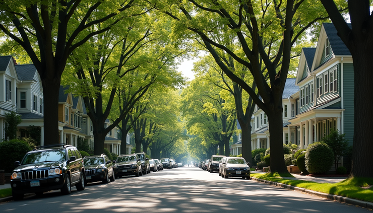Eye-level view of a tree-lined street with classic New England homes in Brookline