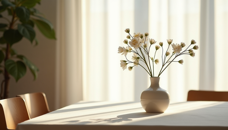 Close-up view of a minimalist dining table with a small vase and soft natural light